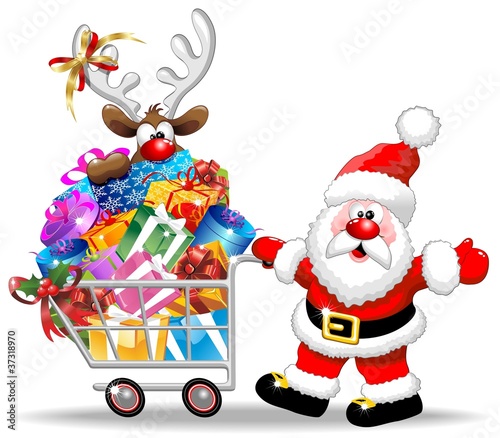 Vector: Babbo Natale Renna Carrello Spesa-Santa Reindeer & Shopping Cart Babbo Natale Renna Carrello Spesa-Santa Reindeer & Shopping Cart