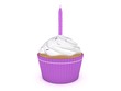 3d Rendering Cupcake mit Kerze lila / violett