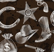 seamless cowboy pattern in engraving style