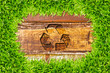 green grass and recycle sign on wood background