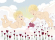 Couple of cute angels growing valentines on clouds