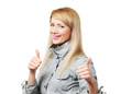 Young blonde woman showing OK on white background