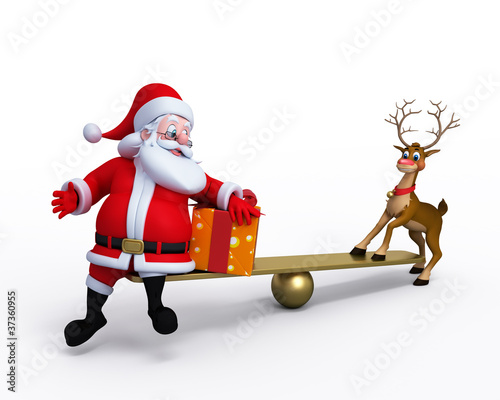 Illustration: Santa Claus with Reindeer playing on the seesaw. Santa Claus with Reindeer playing on the seesaw.