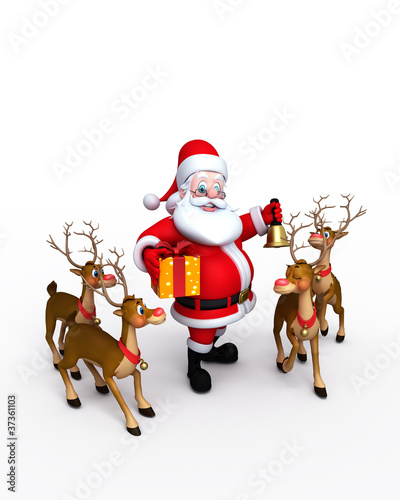 Illustration: Happy Santa Claus with bell and his reindeer Happy Santa Claus with bell and his reindeer