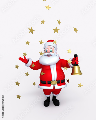 Illustration: Happy Santa Claus holding bell with stars falls. Happy Santa Claus holding bell with stars falls.