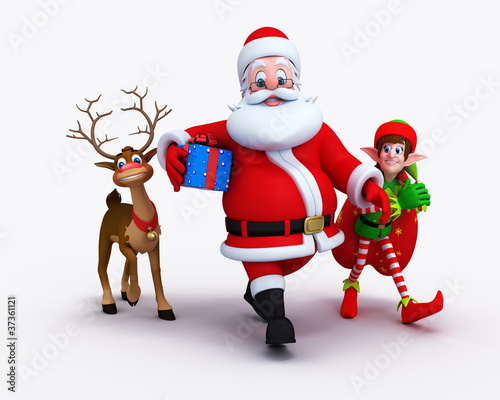 Illustration: Illustration of happy Santa Claus with Elves and reindeer Illustration of happy Santa Claus with Elves and reindeer