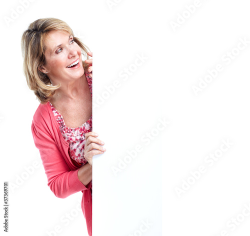 Photo: Senior smiling woman with banner. Senior smiling woman with banner.