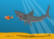 Cartoon shark and small gold fish