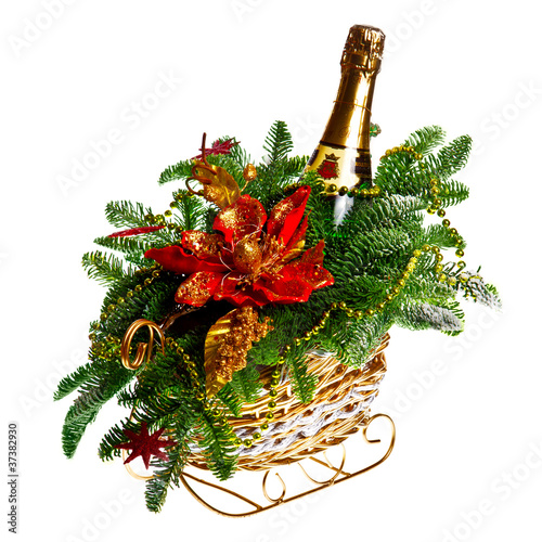 Photo: Christmas gift basket on white background Christmas gift basket on white background