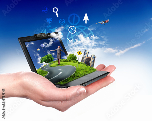 Illustration: Human hand holding a green landscape Human hand holding a green landscape