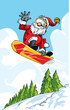 Cartoon Santa doing a jump on a snowboard