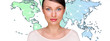 Attractive brunette young woman in futuristic interface standing