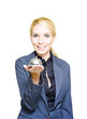 Happy Business Woman Holding Service Bell