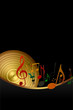 Golden Disk and Music Notes on Black Background