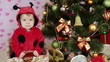 Happy kid nods in the basket near the Christmas tree and gifts