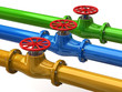 Colored tubes with red valves isolated on white background