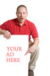 Man in a red shirt holds a white card ad sign