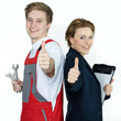 Apprentices for car mechanic and office having thumps up