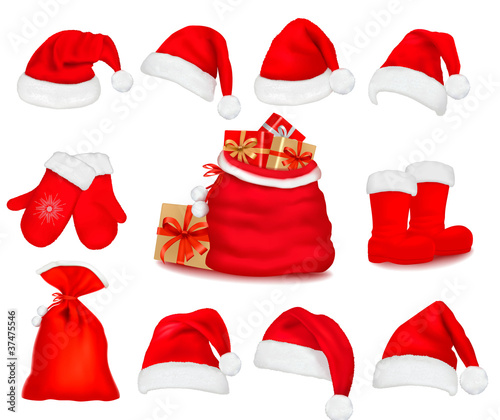 Vector: Big set of red santa hats and clothing. Vector Big set of red santa hats and clothing. Vector