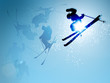 ski jumping in mid-flight on blue sky background