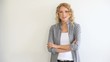 Woman on white background talking to camera