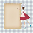 Checkered background with blank paper and beautiful chef woman
