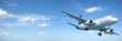 Jet aircraft in a blue sky. Panoramic composition.