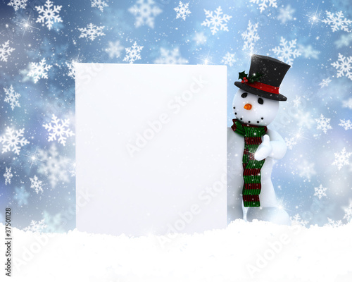 Illustration: Snowman with blank sign Snowman with blank sign