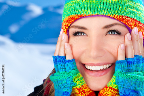 Photo: Happy smiling girl portrait, winter fun outdoor Happy smiling girl portrait, winter fun outdoor