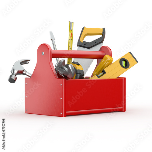 Illustration: Toolbox with tools. Skrewdriver, hammer, handsaw and wrench Toolbox with tools. Skrewdriver, hammer, handsaw and wrench