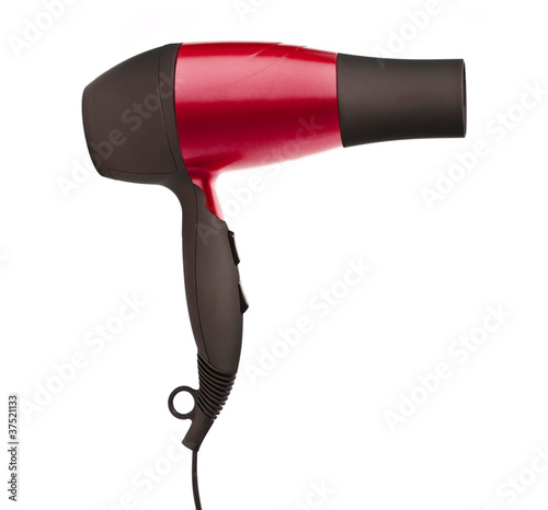 Photo: Fashion red hair dryer isolated on white Fashion red hair dryer isolated on white