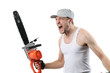 Expressive man with electric saw on white background