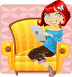 cute girl with a laptop in a yellow armchair