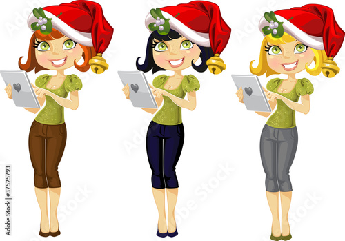 Vector: Girl with a pocket computer in color variations Girl with a pocket computer in color variations