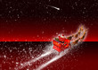 roter Hintergrund, Sternenhimmel, Weihnachtsschlitten, Rentiere