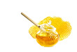 Honey jar with wood stick and bee honeycombs wax.