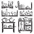 kitchen utensils on shelves