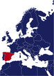 Blue map of europe with red highlited Spain Blue map of europe with red highlited Spain