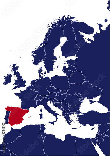 Vector: Blue map of europe with red highlited Spain Blue map of europe with red highlited Spain