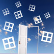 White door against blue sky background White door against blue sky background