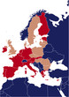 Blue map of europe with red highlited eurozone