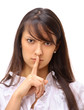 Strong business woman shows silent. Isolated on