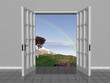 Puertas abiertas hacia un paisaje colorido