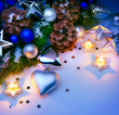 Art Christmas card with Christmas decorations blue background Art Christmas card with Christmas decorations blue background
