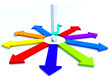 exlamation mark surrounded by multicolor arrows