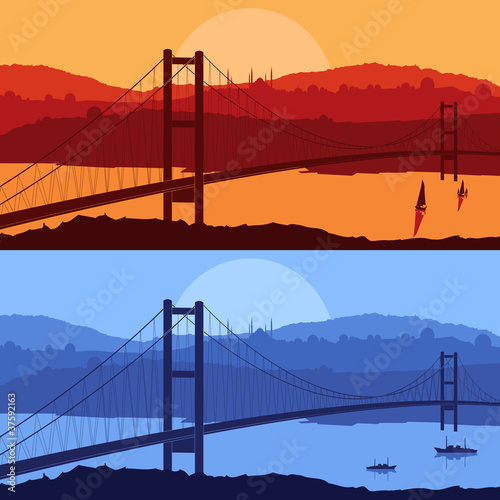 Vektor: Bridge in Arabic city landscape background illustration Bridge in Arabic city landscape background illustration