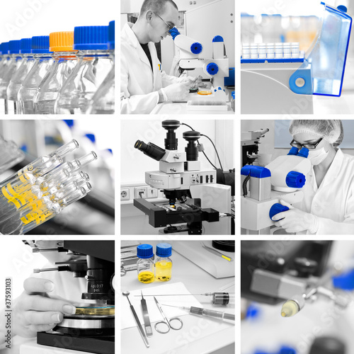 Photo: Microscopes in modern laboratory, collage Microscopes in modern laboratory, collage