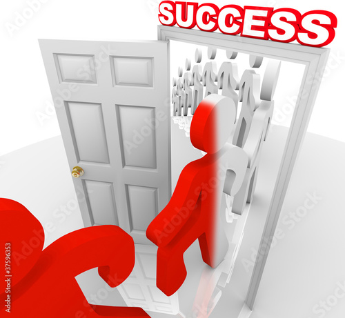 Illustration: People Walking Through Success Doorway Achieve Goals People Walking Through Success Doorway Achieve Goals
