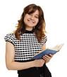 Smiling girl with a book isolated on white