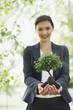 Foto: Businesswoman standing outdoors holding plant Businesswoman standing outdoors holding plant